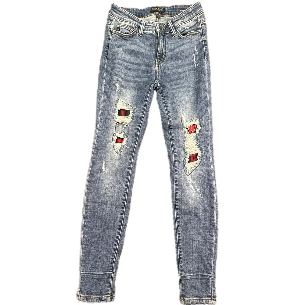 Judy Blue Skinny Jeans Womens 5/27 Blue Distressed Red Plaid Patch JB82167MD